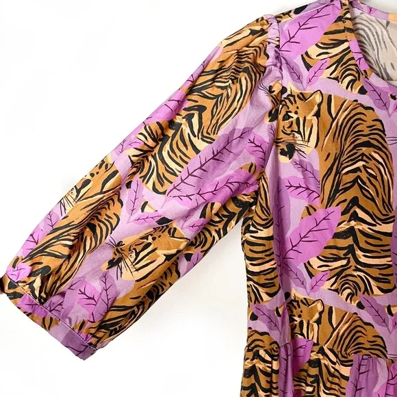 Farm Rio Tiger Leaves Dress Purple Mini Tiered Short Puff Sleeve Casual Sz XS